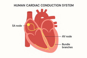Human Cardiac Conduction System: Anatomical Illustration of Heart with Nodes and Bundle Branches, Illustration