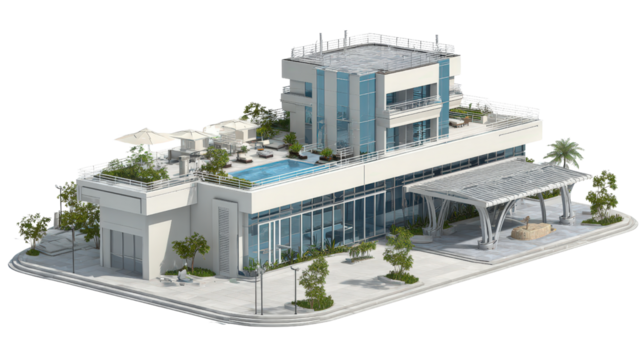 3D hotel building with rooftop pool and entrance canopy, background isolated on a Transparent background, PNG file.