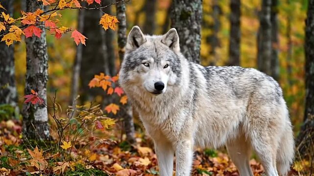 Gray wolf stands in a forest with autumn foliage