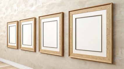 Editorial-style mockup with four light wooden blank frames arranged asymmetrically on a beige wall for artistic content display