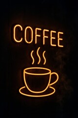 Urban coffee neon sign with reflections and steam