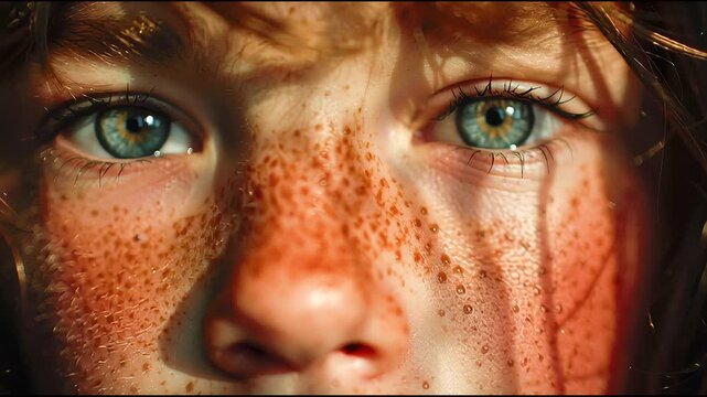 Close-up of a boy's freckled face with lifeless blue eyes, partially covered by an orange cloth