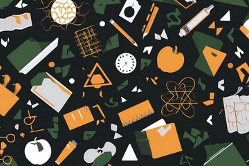 Scattered geometric art supplies on dark background