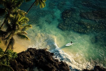 A serene scene of a lone surfer navigating the turquoise waters, surrounded by lush palm trees and rocky coastline.