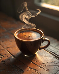 A warm, steaming cup of dark coffee on a rustic wooden surface, with soft light coming from a window in the background