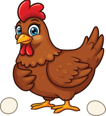 Cartoon Hen with Two Eggs – Cute Farm Animal Illustration for Kids Education, Agriculture Lifestyle, and Character-Based Designs