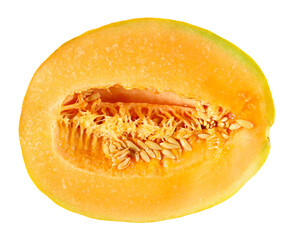 Cantaloupe melon, honeydew half isolated on white, top view	