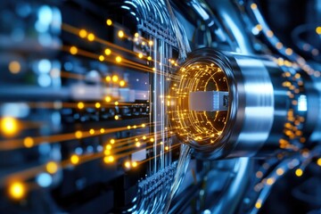 Futuristic tech machine lights with blue and orange circular metallic motion