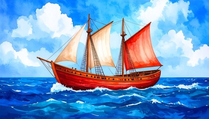 Watercolor Illustration of a Classic Sailing Ship Navigating the Ocean Waves