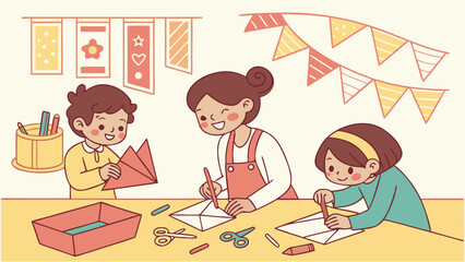 Vector of children using craft tools to make handmade paper art.

