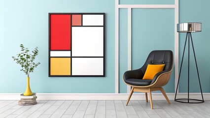Modern wall art display replacing a bold color-blocked piece with a blank canvas in a sleek frame, paired with colorful minimalist decor