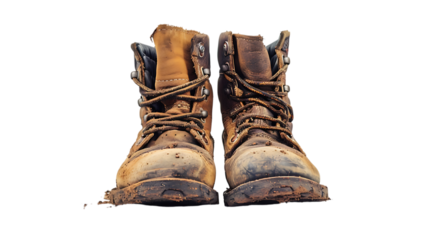A pair of worn leather work boots covered in dirt and mud with laces tied together tightly in the center