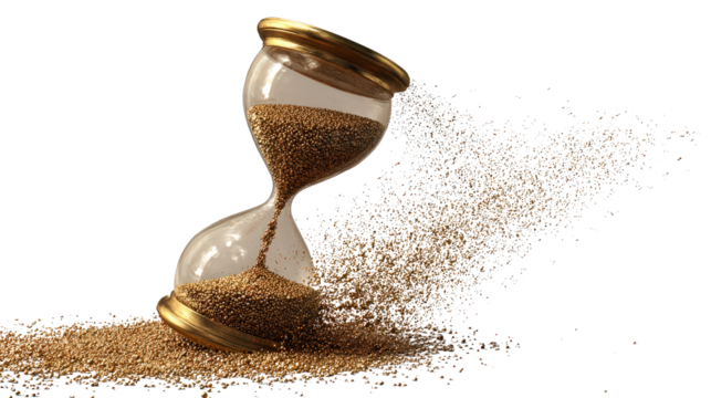 3D hourglass with falling sand, symbol of time passing, background isolated on a Transparent background, PNG file. - Powered by Adobe