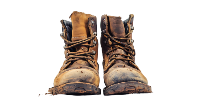 A pair of worn leather work boots covered in dirt and mud with laces tied together tightly in the center