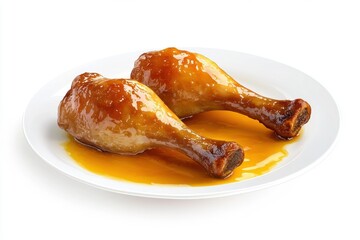 Two delicious glazed chicken drumsticks on a white plate, drizzled with a sweet, golden sauce.