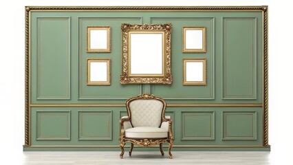 Elegant green-paneled wall with a central gold ornate blank frame, surrounded by smaller empty frames and vintage furniture accents