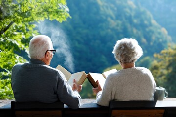 Elderly couple enjoying a quiet reading session in nature
