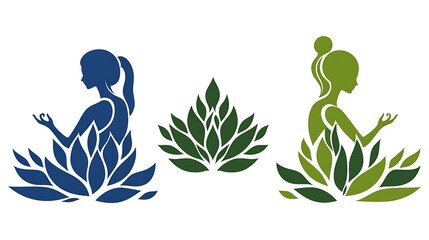 Silhouettes of women seated in lotus poses, surrounded by floral designs.