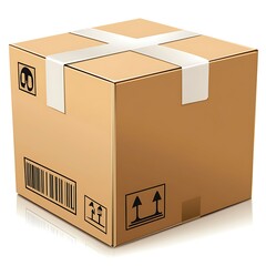 A cardboard shipping box sealed with white tape is presented here