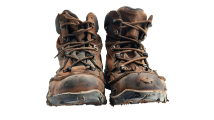 A pair of well worn hiking boots with laces and mud stains standing side by side in the center frame