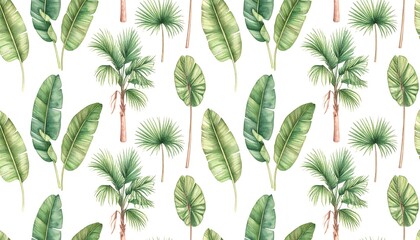 Watercolor illustration of tropical leaves pattern, ideal for a summer background