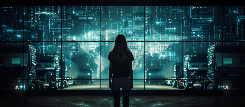 Woman views global logistics data on screen with trucks in background