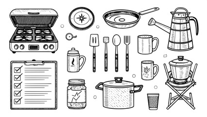 Black-and-white doodle icons of outdoor cooking gear, including a portable stove, frying pan, coffee pot, enamel mug, utensils, canned food, and grill rack. Arranged like a visual checklist in a consi