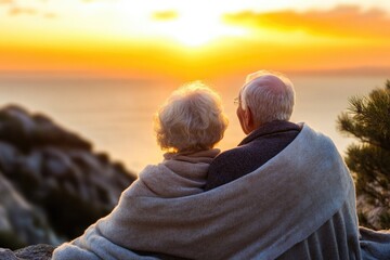 Elderly couple enjoying a peaceful sunset wrapped in warm blankets on a hill