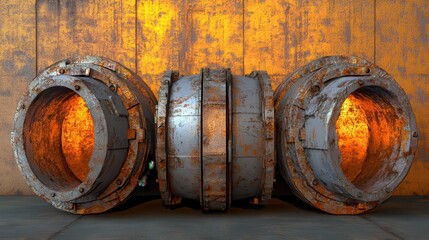 Industrial Steel Pipes with Rusty Texture and Warm Glow Background