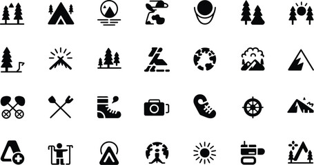 A collection of camping and outdoor adventure related icons in black and white