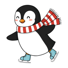 Naklejka premium Happy Penguin Ice Skating in Winter