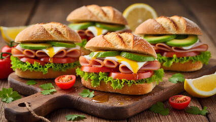 High-end, gourmet sandwiches with crusty bread, layered ingredients, and dramatic lighting. Emphasis on texture and freshness-ideal for foodies.