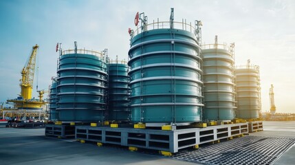 Industrial Storage Tanks at a Port with Heavy Machinery in Background