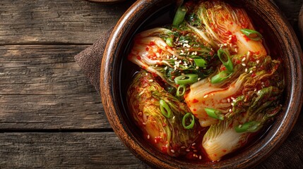 Korean kimchi dish served in a rustic wooden bowl, featuring vibrant napa cabbage, red chili paste, and green onions, showcasing traditional fermented cuisine and rich flavors