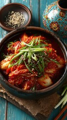 Korean kimchi dish served in a traditional bowl, garnished with green onions and sesame seeds, showcasing vibrant colors and rich textures, perfect for culinary enthusiasts and food photography