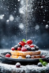 Delicious french toast with fresh berries and maple syrup drizzle