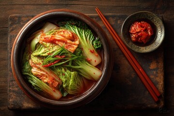 Korean kimchi dish served in a rustic bowl with vibrant greens, red chili, and side of spicy condiment, showcasing traditional culinary art and rich flavors