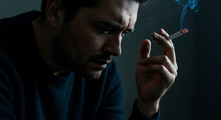 Obraz premium Pensive man smoking cigarette looking down in dark moody lighting