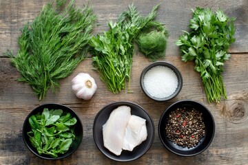 Rustic kitchen with fresh herbs and spices on wooden table for culinary inspiration