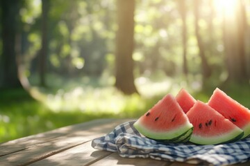 Fresh watermelon slices on picnic table with sunlit greenery background