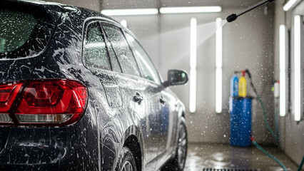 Vehicle being professionally cleaned, soap suds, high-pressure water