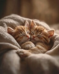 Two adorable orange tabby kittens snuggled together in a cozy blanket, radiating warmth and cuteness.