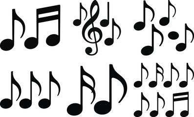 Music note silhouette vector collection with various musical note and clef icons for melody, sound, and music themes.