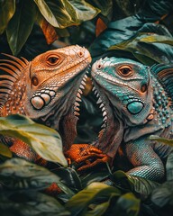 Fototapeta premium Two colorful iguanas with vibrant skin tones peering at each other amidst lush green foliage.