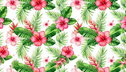 Watercolor Tropical Pattern With Hibiscus