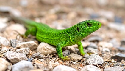Fototapeta premium Vibrant green lizard basking on a bed of pebbles in natural outdoor habitat scene