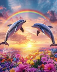 Image of Two playful dolphins leap joyfully over a vibrant flower-covered shore with a stunning sunset and rainbow in the background. printed on Printed Glass Basin Splashbacks