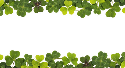 Scattered green shamrocks and clovers in emerald, lime, and forest shades form a continuous border on a clean white background with central copy space, concept for St. Patrick's Day celebration