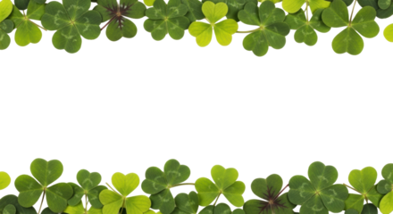 Scattered green shamrocks and clovers in emerald, lime, and forest shades form a continuous border on a clean white background with central copy space, concept for St. Patrick's Day celebration