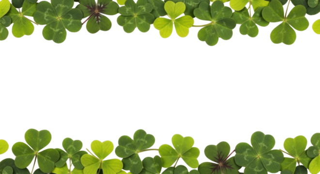 Scattered green shamrocks and clovers in emerald, lime, and forest shades form a continuous border on a clean white background with central copy space, concept for St. Patrick's Day celebration
